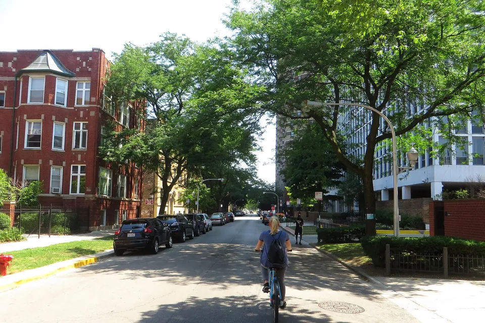 Vintage brick apartment buildings on a tree-lined Lakeview street