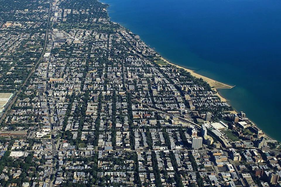 Rogers Park from the air, block after block of homes along the Lake Michigan shore