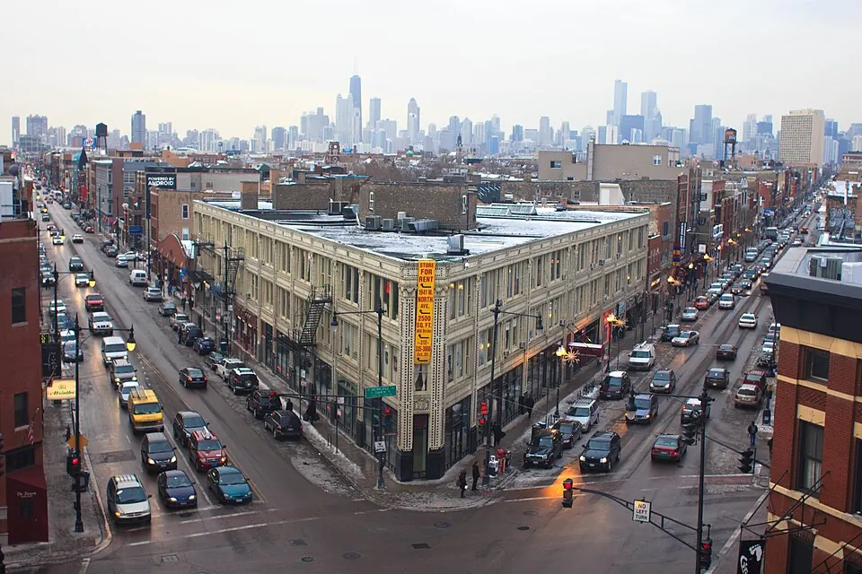 The Flat Iron Arts Building at the Milwaukee, North and Damen intersection in Wicker Park