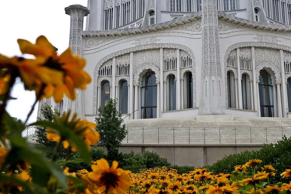 The Baha'i House of Worship in Wilmette behind a bed of flowers