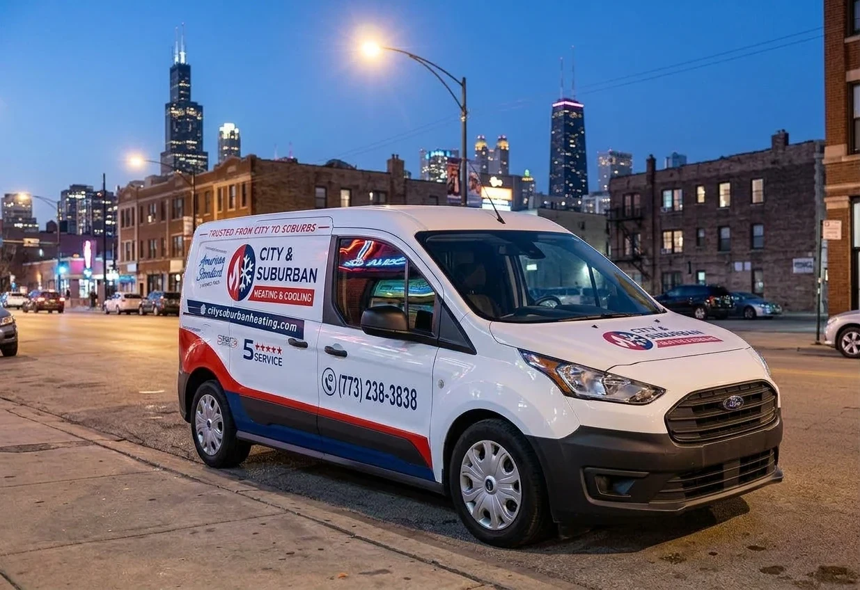 A City & Suburban Heating & Cooling service van parked on a Chicago street at dusk, with the skyline behind it